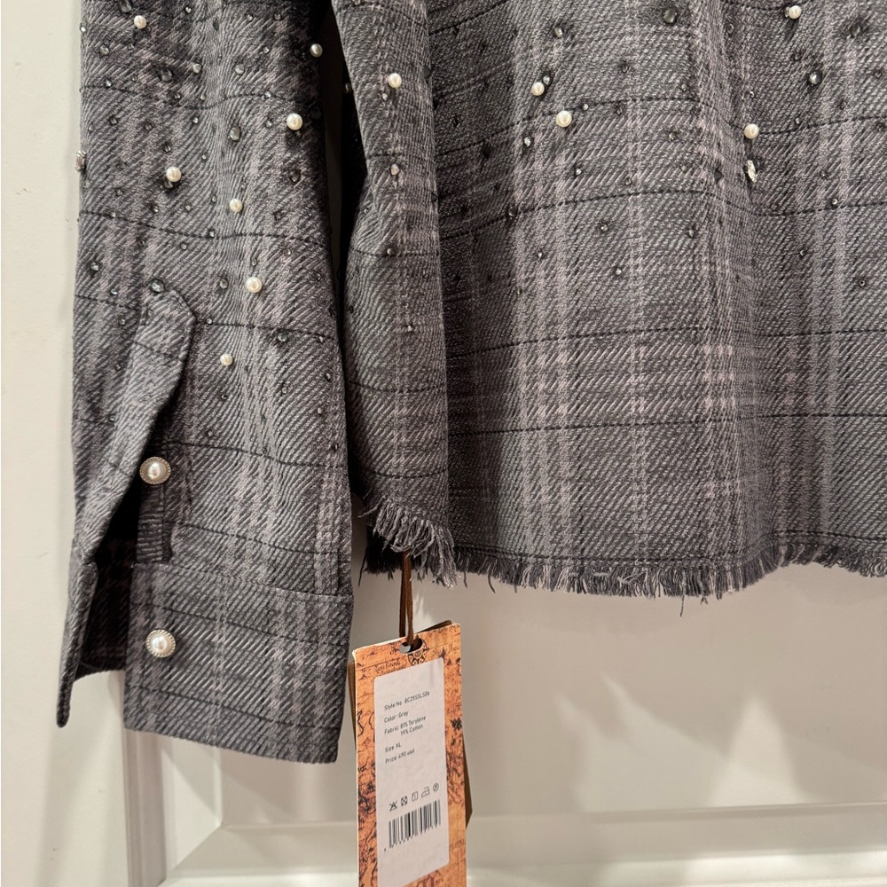 Birth of Royal Child Gray Plaid Button Down Shirt with Diamond and Pearl Accents - Picture 8 of 10